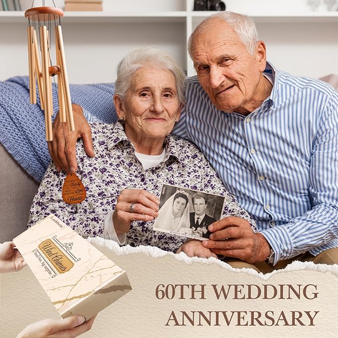 Leebbsin 60th Wedding Anniversary Wind Chime, Happy 60th Anniversary Romantic Gifts for Couple, Parents, Wife, Husband, Friends, Diamond Anniversary's Keepsake Gifts Ideas-Large 36''
