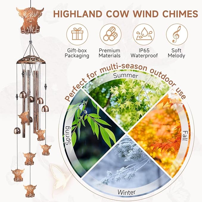 Highland Cow Wind Chimes for Outside,41" Metal Windchimes, Housewarming/Easter/Halloween/Festival/Birthday/Anniversary Highland Cow Gifts for Women/Men, Cow Decorations for Outside, Garden or Yard
