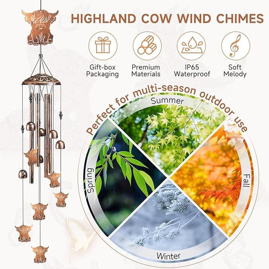 Highland Cow Wind Chimes for Outside,41" Metal Windchimes, Housewarming/Easter/Halloween/Festival/Birthday/Anniversary Highland Cow Gifts for Women/Men, Cow Decorations for Outside, Garden or Yard