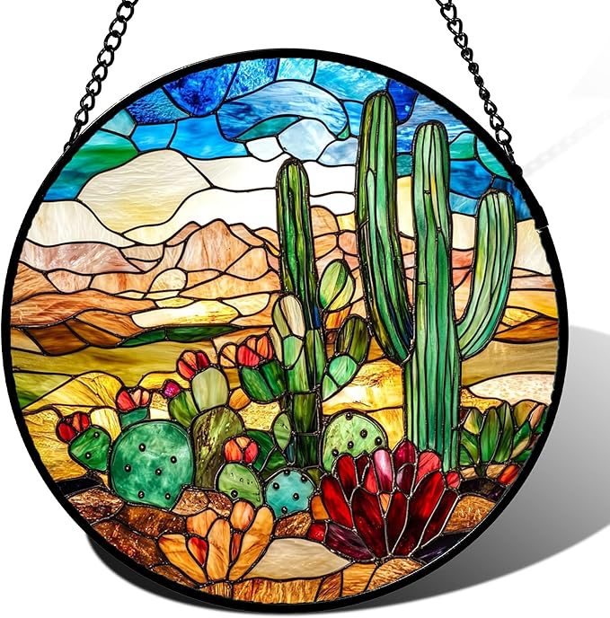 Stained Glass Window Hanging Desert Green Cactus Red Flowers Large 11.8" - Suncatcher Door Garden Sun Catcher Landscape Home Decor Birthday Christmas for Mom Men Woman Nana