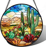 Stained Glass Window Hanging Desert Green Cactus Red Flowers 9.8" - Suncatcher Door Garden Sun Catcher Landscape Home Decor Birthday Christmas for Mom Men Woman Nana