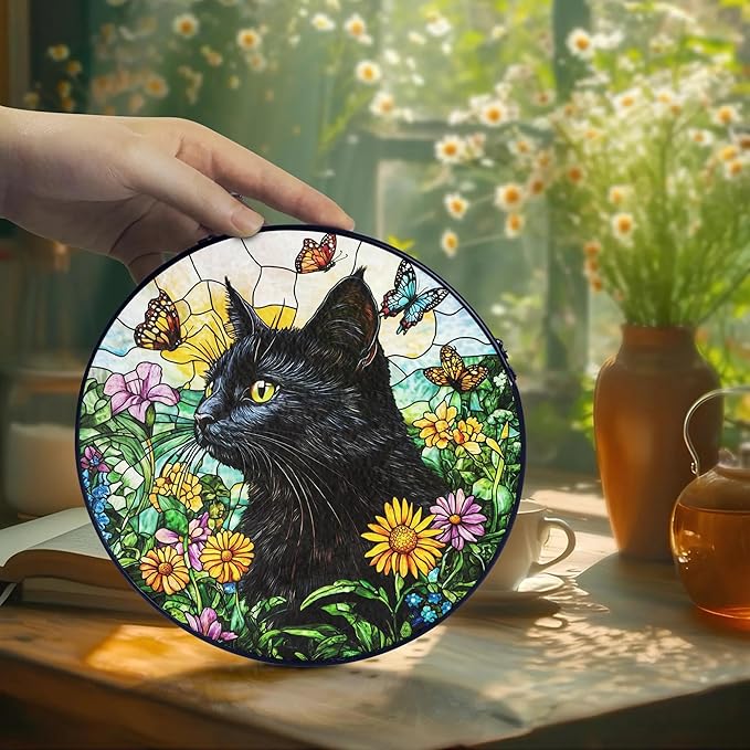Black Cat Stained Glass Suncatcher – Floral Pet Memorial Window Hanging Decor, Sympathy Gift for Cat Owners, Home & Garden Decoration, Birthday, Christmas, for Women, Friends