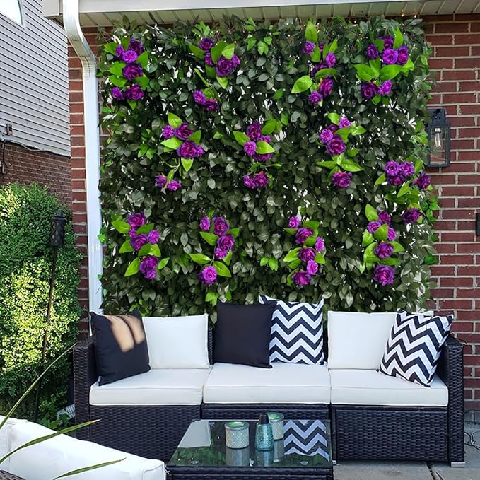 GLANT Expandable Fence Privacy Screen for Balcony Patio Outdoor,Decorative Faux Ivy Fencing Panel,Artificial Hedges (Single Sided Leaves) (4, Branches -Purple Rose)