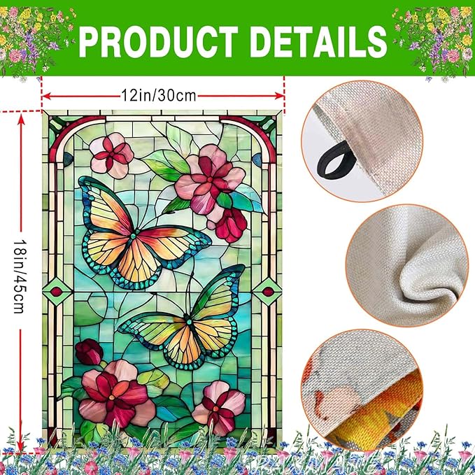 Spring Summer Butterfly Garden Flag 12x18 Inch Double Sided, Stained Glass Floral Butterfly Yard Flag, Colorful Flower Outdoor Lawn Patio Porch Farmhouse Garden Decor