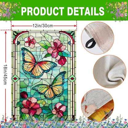 Spring Summer Butterfly Garden Flag 12x18 Inch Double Sided, Stained Glass Floral Butterfly Yard Flag, Colorful Flower Outdoor Lawn Patio Porch Farmhouse Garden Decor