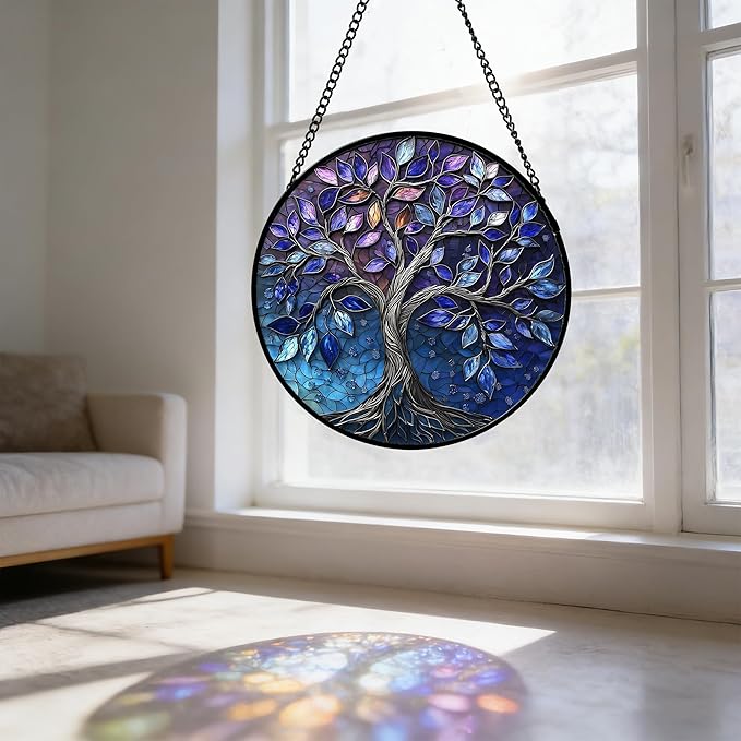 DASTOLL Stained Glass Window Hanging, Blue Purple Tree of Life Sun Catchers Colorful Glass Panel Plants Suncatcher Decor for Birthday for Women,Men,Wife, Lovers, and Mom 7.8 in