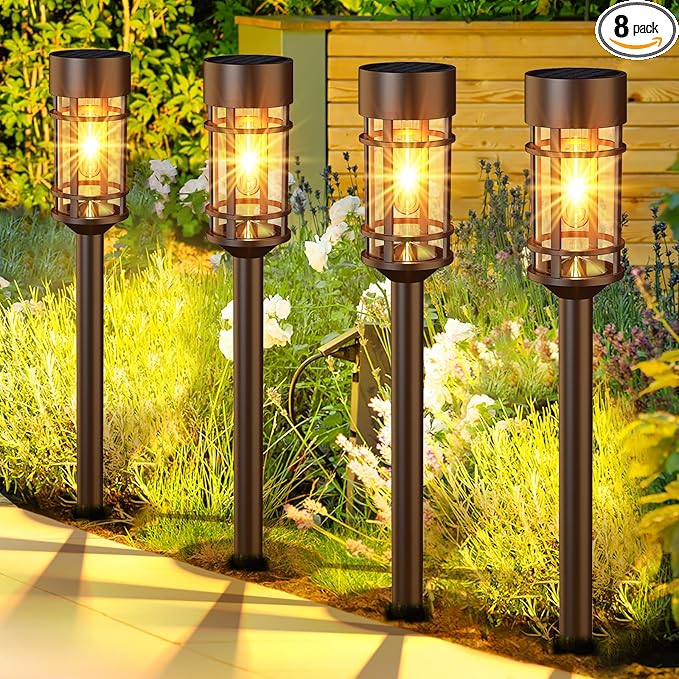 ILANCK Solar Pathway Lights Outdoor Solar Lights 8 Pack Metal & Glass Design - Waterproof Auto On/Off Bright Long-Lasting Garden Landscape Lighting Walkway Driveway