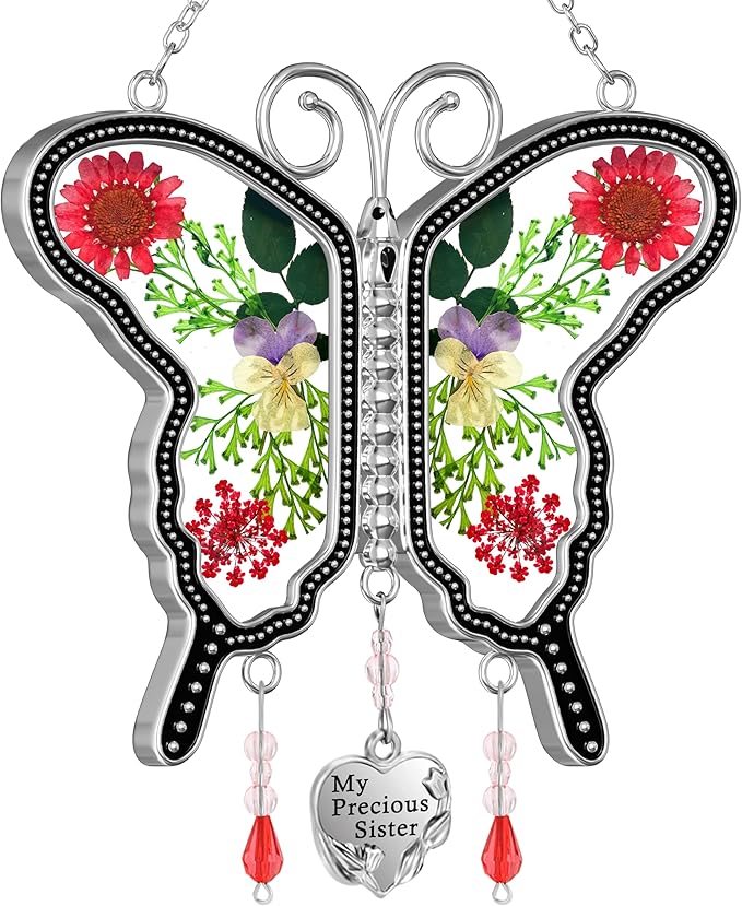 KY&BOSAM Suncatcher Butterfly Glass My Precious Sister Suncatchers Ornament hangings for Windows Wind Chime with Pressed Flower Butterfly Embedded in Glass Mother`s Day Birthdays