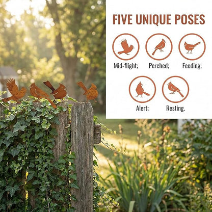 5PCS Rusty Metal Cardinal Silhouettes Outdoor Garden Statues, Rustic Bird Yard Art for Fence Patio, Spring Garden Ornaments (Vintage Rusted Finish, Not Defects)