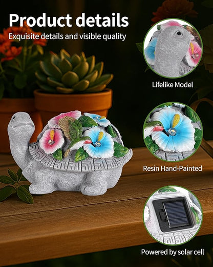 GoGnome Solar Turtle Figurine Lights with Hummingbird Flower 5.5-inch – Garden Statue for Outdoor Yard Decorations, Lawn Ornaments, Balcony Decor – Ideal Gift for All Occasions (Turtle)