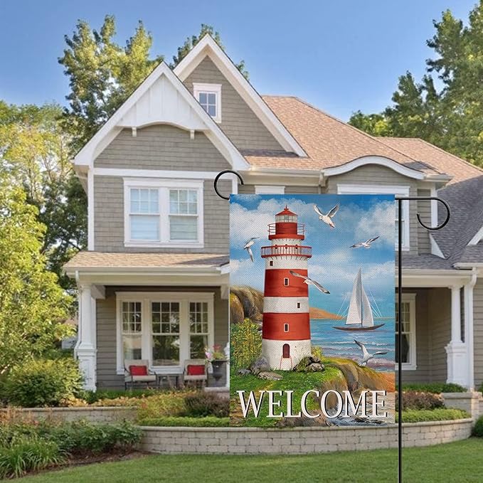 Spring Summer Lighthouse Garden Flag, Coastal Seagull Birds Yard Beach Nautical Sailboat Outside Decoration, Ocean Outdoor Small Burlap Decor Double Sided 12 x 18