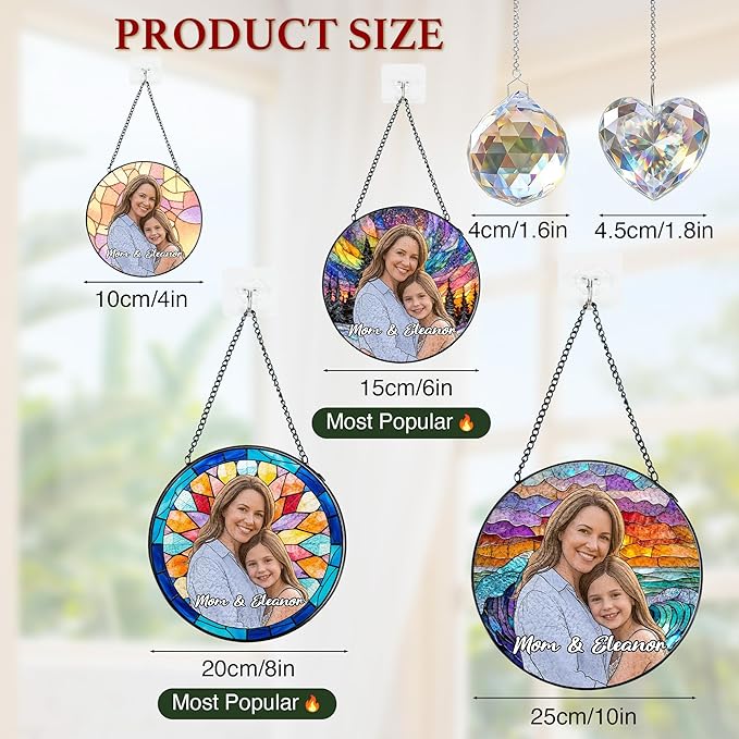 Personalized Mothers Day Stained Glass Windows Hanging, Mom Picture Suncatcher Ornament, Custom Photo Gift for Mom, Birthday Mother Grandma Gifts from Daughter Kids