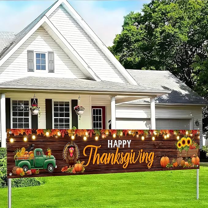 BlissYard Happy Thanksgiving Banner Autumn Harvest Backdrop Turkey Truck Pumpkins 118x20 inches Fall Decor Supplies for Thanksgiving Celebration Photo Backdrop Wall Hanging Decoration