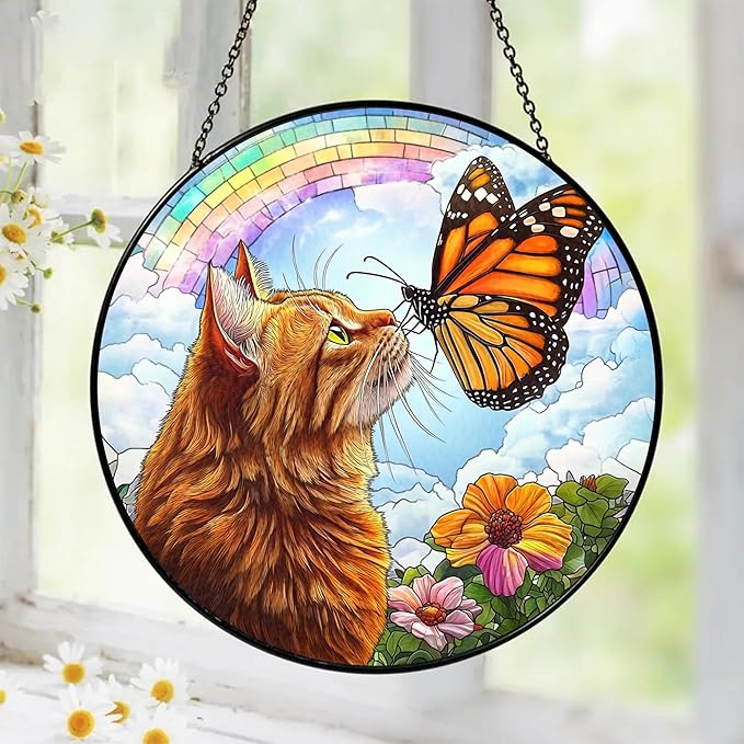 Orange Cat Stained Glass Suncatcher, Butterfly Orange Cat Lovers Gifts Window Hanging Garden Decor, Memorial Pet Loss Sympathy Gift Christmas Birthday for Grandma, Friends, Women