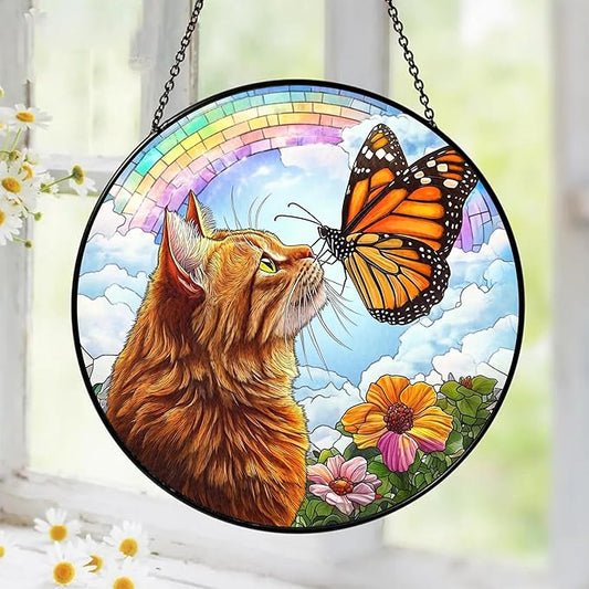 Orange Cat Stained Glass Suncatcher, Butterfly Orange Cat Lovers Gifts Window Hanging Garden Decor, Memorial Pet Loss Sympathy Gift Christmas Birthday for Grandma, Friends, Women
