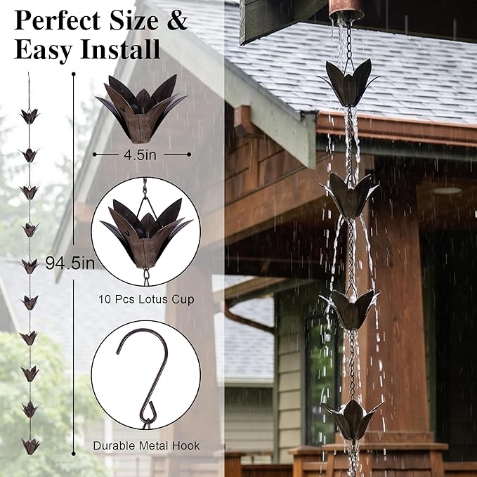 DUSVALLY Rain Chain,Metal Flower Rain Chain, Functional and Decorative Replacement for Gutter Downspouts, Adjustable, Antique Silver, 7.88 FT