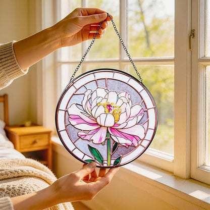 Stained Glass Window Hanging, Pink Peony Suncatcher 7.8 in Sun Catcher Glass Panel Boho Wall Art Decor with Chain Diamond Glass Panel Hangings Scenery Sun Catchers Decor for Lover Couple Mom