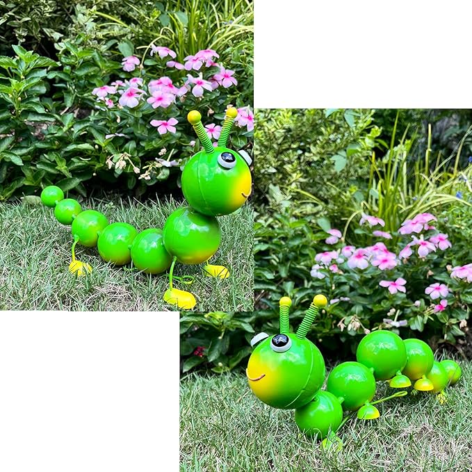 Cruis Cuka Metal Caterpillar Statue Yard Art Garden Decor for Outside Patio Lawn Ornaments Fence Decorations Gift for Family,Friends,Garden Lovers - Set of 2(Green)