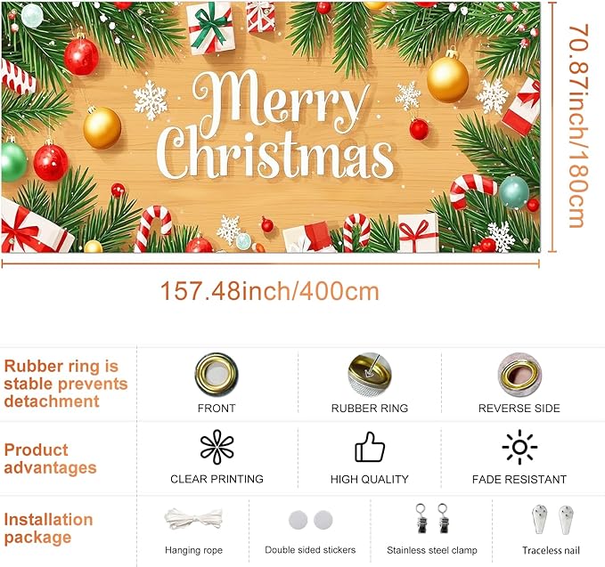 IVN Christmas Garage Door Cover Decoration 13x6ft Wood Texture Pine Garlands Gifts Candy Canes Merry Christmas Winter Garage Door Banner Home Door Front Yard Decor for Xmas Eve Holiday Outdoor