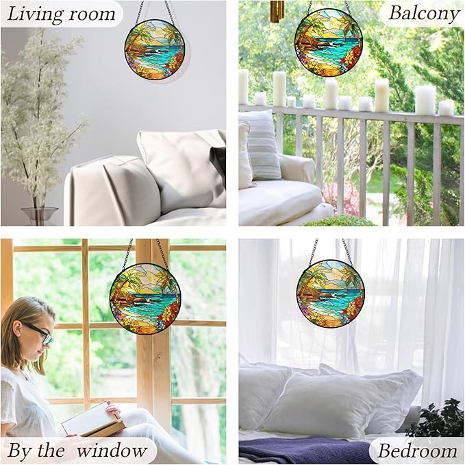 kdqua Tropical Beach Suncatcher Stained Glass Window Hanging, Coastal Ocean Beach Sun Catchers Indoor Window Glass Round Wall Decor, Beachy Wall Art Hanging Decorations Statues, 7.9x7.9in