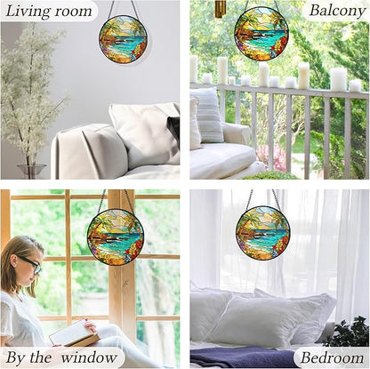 kdqua Tropical Beach Suncatcher Stained Glass Window Hanging, Coastal Ocean Beach Sun Catchers Indoor Window Glass Round Wall Decor, Beachy Wall Art Hanging Decorations Statues, 7.9x7.9in