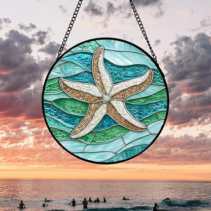 DASTOLL Stained Glass Window Hanging 4 Pcs Set Cyan Ocean Life Theme 7.8" - Sea Starfish Suncatcher Door Garden Sun Catcher Decor Birthday for Mom Woman Nana Men Friend