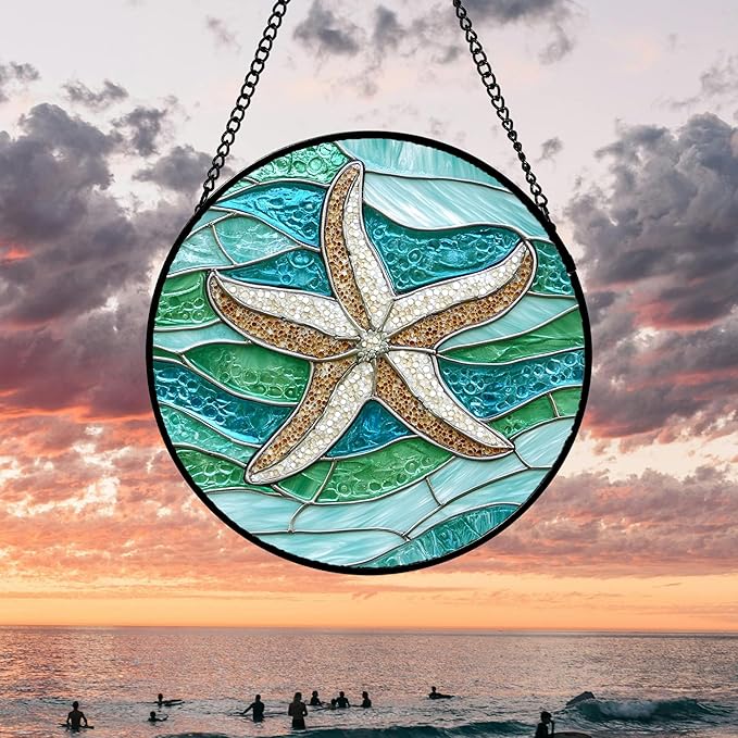 DASTOLL Stained Glass Window Hanging 4 Pcs Set Cyan Ocean Life Theme Large 15" - Sea Starfish Suncatcher Door Garden Sun Catcher Decor Birthday for Mom Woman Nana Men Friend