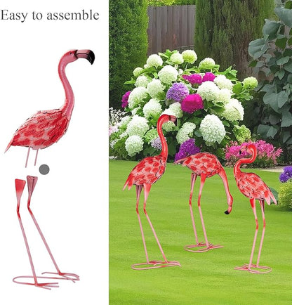 3 Pcs Pink Flamingo Garden Statues, Metal Flamingo Birds Yard Art Outdoor Statue for Home Patio Lawn Balcony Backyard Decor