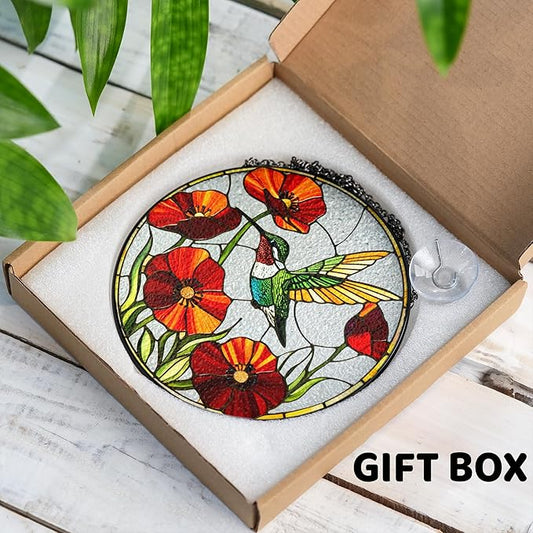 6" Hummingbird Stained Glass Suncatcher, Bird Window Hanging Ornament, Hummingbird Keepsake Theme Gift for Mom, Women, Bird Lovers, Garden Decor and Stained Glass Art for Home Display