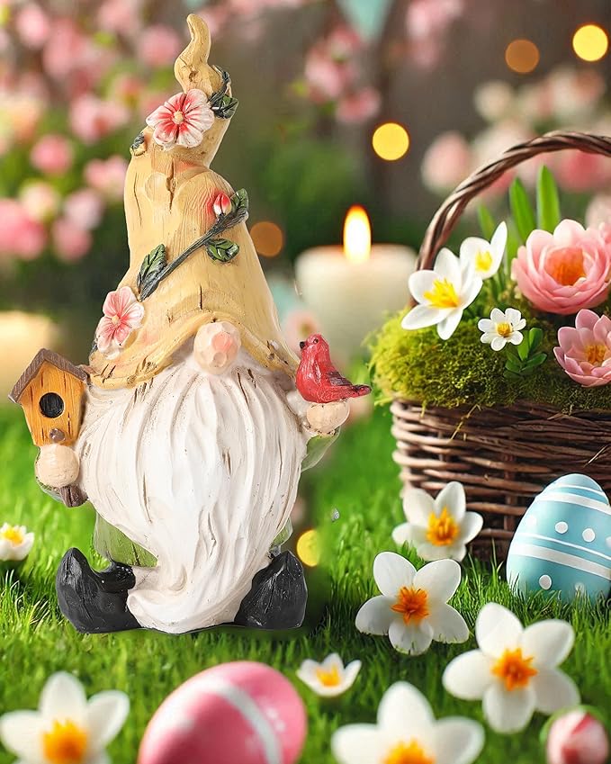 GoGnome Hand-Painted Resin Garden Gnome with Cardinal Figurine - 6.5" Summer and Spring Decorations for Home Decor and Yard - Gnome Gifts for All Ages (Yellow)