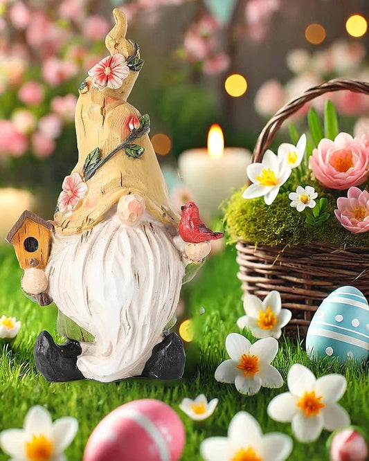 GoGnome Hand-Painted Resin Garden Gnome with Cardinal Figurine - 6.5" Summer and Spring Decorations for Home Decor and Yard - Gnome Gifts for All Ages (Yellow)