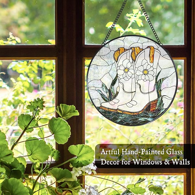 Western Cowgirl Boots Stained Glass Window Hanging Suncatcher, Cowboy Boots Flower Sun Catcher Indoor Window Decor, Cowgirl Gifts Painted Glass Round Wall Hanging Decorations, 7.8x7.8 in