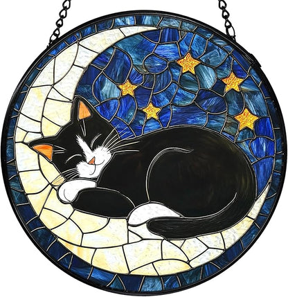 Black Cat Moon Stained Glass Window Hanging, Celestial Black Cat Sun Catchers Indoor Window Round Glass Wall Art Decor, Moon and Stars Suncatcher Wall Hanging Decorations, Lawn Care