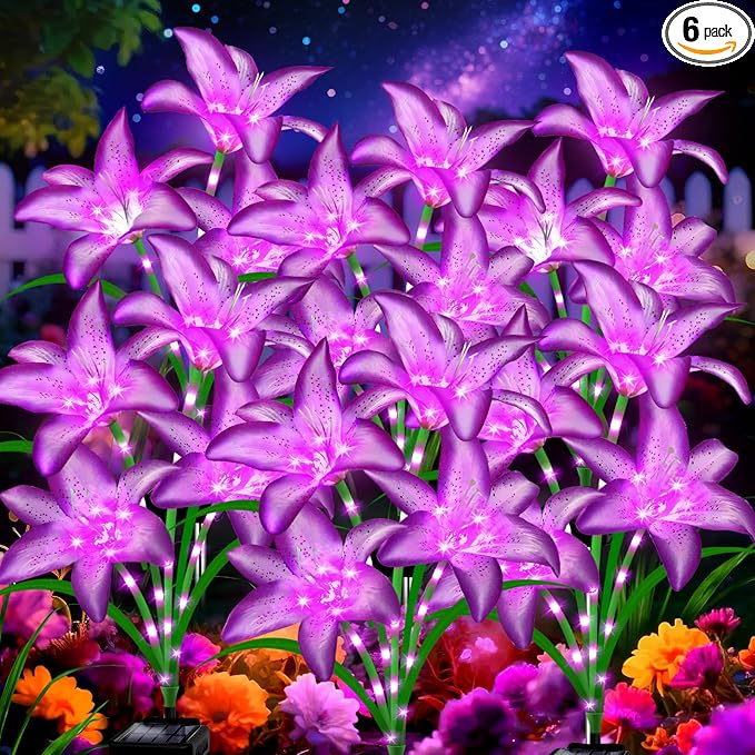Solar Garden Lights 6 Pack 24 Purple Lily Flowers,Gifts for Mom Woman Birthday Outdoor Solar Flower Lights,Cemetery Flowers for Grave - Decorative Lilies for Yard, Patio, Pathway Decorations