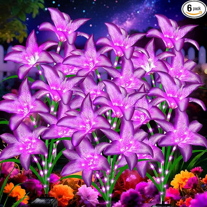 Solar Garden Lights 6 Pack 24 Purple Lily Flowers,Gifts for Mom Woman Birthday Outdoor Solar Flower Lights,Cemetery Flowers for Grave - Decorative Lilies for Yard, Patio, Pathway Decorations
