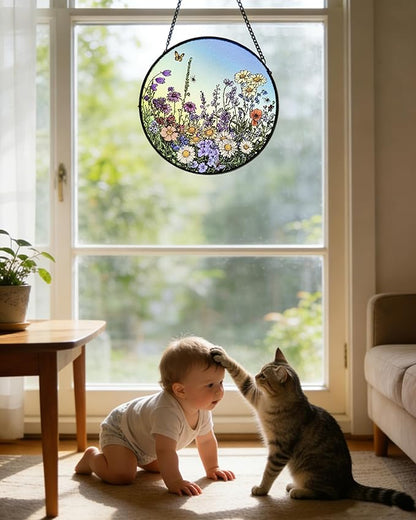 Stained Glass Window Hanging Suncatcher - 20cm Wildflower Meadow Sun Catchers for Windows Doors Home Decor - Nana Grandma Women Gifts for Mother's Day Birthday