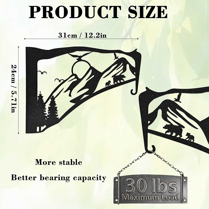 Black Metal Bird Feeder Wall Hanger Indoor Outdoor, Heavy Duty Hook Holder for Basket Plant Pot, Staghorn Fern, Bird Feeder and Wind Chime, Mountain Decor for Wall Window Patio Porch Garden