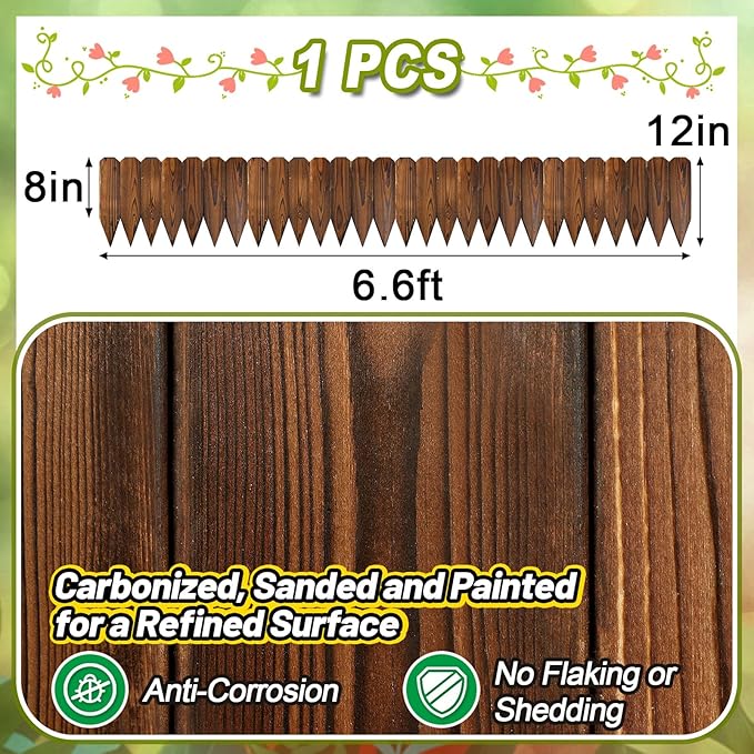 Rustic Pine Wood Garden Fence - 6.6ft L*12in H Easy to Install Sturdy Wooden Landscape Edging Border, No Fading Planter Fencing for Yard Flower Bed Lawns Pathway Tree