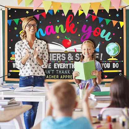 Happy Teacher Day Banner Teacher Appreciation Week Decorations Flag Outdoor 71x44 Inch School Classroom Backdrop,Thank You Teacher Gifts for Indoor Home Party Supplies,Yard Sign Photography Background