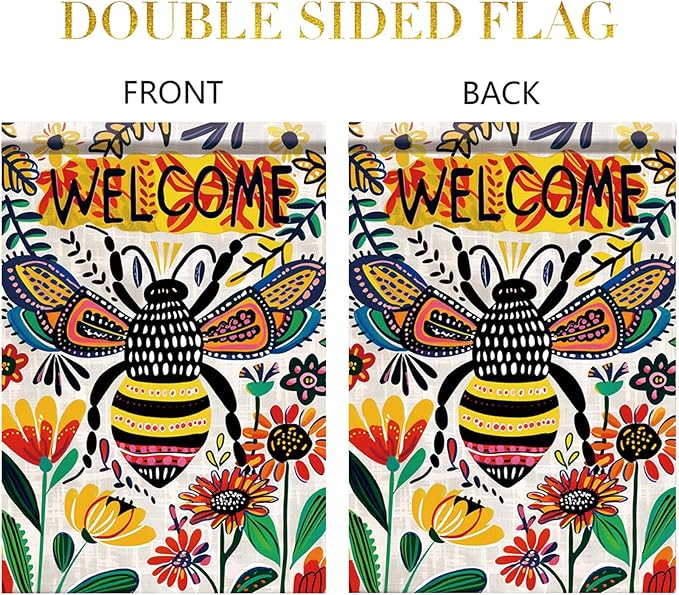 Startlit Patio Welcome Spring Summer Garden Flag 12x18 Double Sided Small Summer Bee Garden Yard Flags Outside Outdoor Seasonal Porch Lawn Decoration