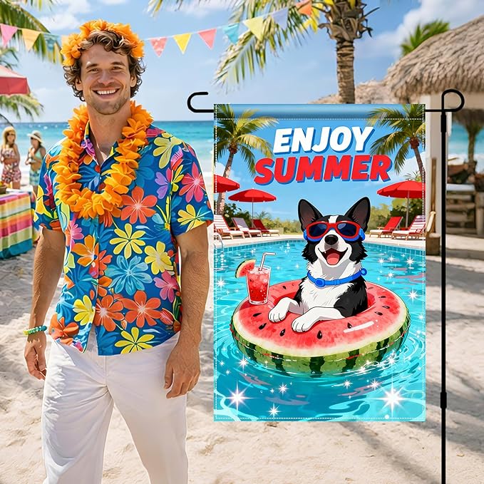 BlissYard Enjoy Summer French Bulldog Garden Flag 12x18 Double Sided Vertical Outdoor Pool Party Dog Decor Sunglasses Float Yard Lawn Patio Tropical Banner
