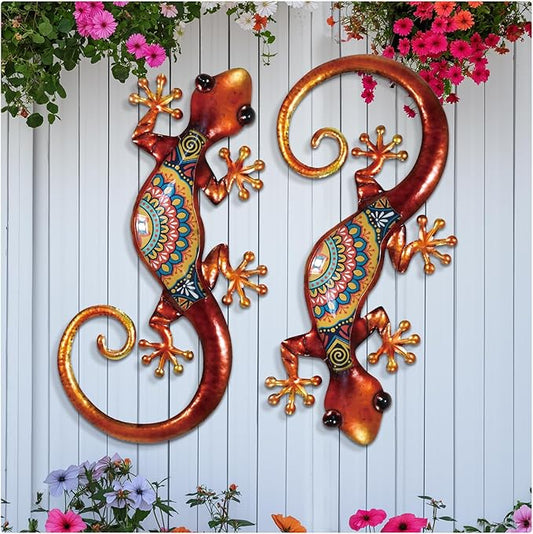 LIFFY Lizard Metal Wall Art Decor - 2 Pack 15 Inch Metal Wall Decor, Lizard Outdoor Hanging Glass Sculpture Decoration for Yard Garden Art, Patio Fence Home, Unique Gift Ideas
