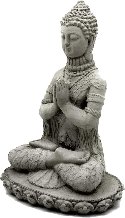 Praying Buddha Statue: Durable Solid Stone Sculpture with Aged Texture. Unique Home Décor, Garden Accent. Sealed for Outdoors. Handcrafted USA. (Antique/Gray)