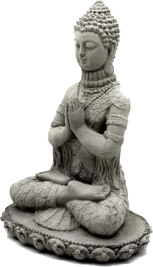 Praying Buddha Statue: Durable Solid Stone Sculpture with Aged Texture. Unique Home Décor, Garden Accent. Sealed for Outdoors. Handcrafted USA. (Antique/Gray)