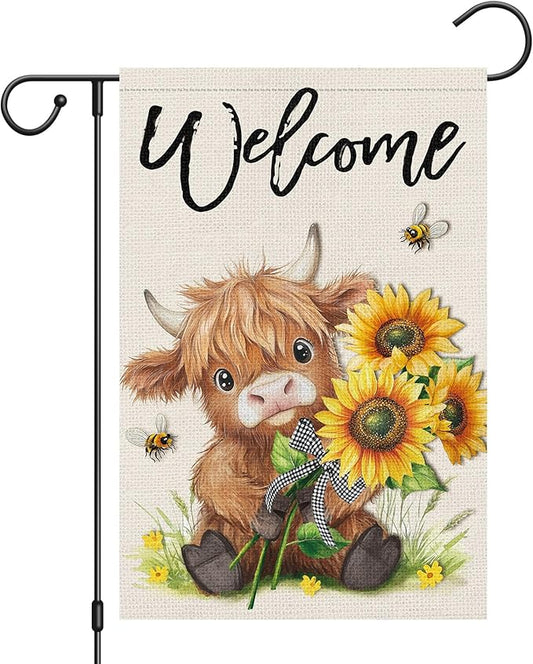 Heyfibro Welcome Summer Highland Cow Garden Flag 12x18 Double Sided Burlap Spring Flower Sunflower Bee Small Yard Banner for Rustic Seasonal Outside Outdoor House Decoration (ONLY FLAG)