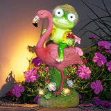 Solar Garden Statue, Whimsical Frog Riding Flamingo Outdoor Decor with Glowing LED Eyes, IP65 Waterproof Resin Lawn Ornament for Patio Yard Balcony, Unique Housewarming Gift for Mom Grandma Women