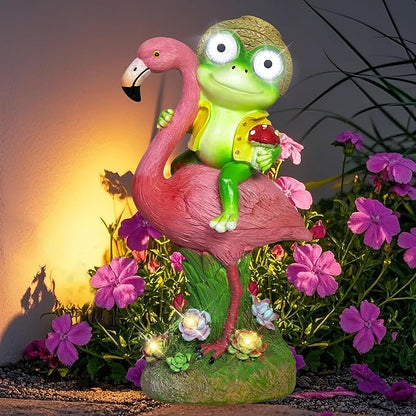 Solar Garden Statue, Whimsical Frog Riding Flamingo Outdoor Decor with Glowing LED Eyes, IP65 Waterproof Resin Lawn Ornament for Patio Yard Balcony, Unique Housewarming Gift for Mom Grandma Women