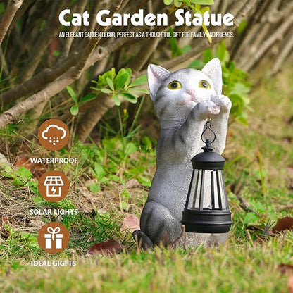 Solar Cat Garden Statue - Outdoor Cat Statues with Lantern Lights for Garden Yard Art Lawn Ornaments Porch Patio Balcony Home House Gardening Gifts for Women Grandma Mom
