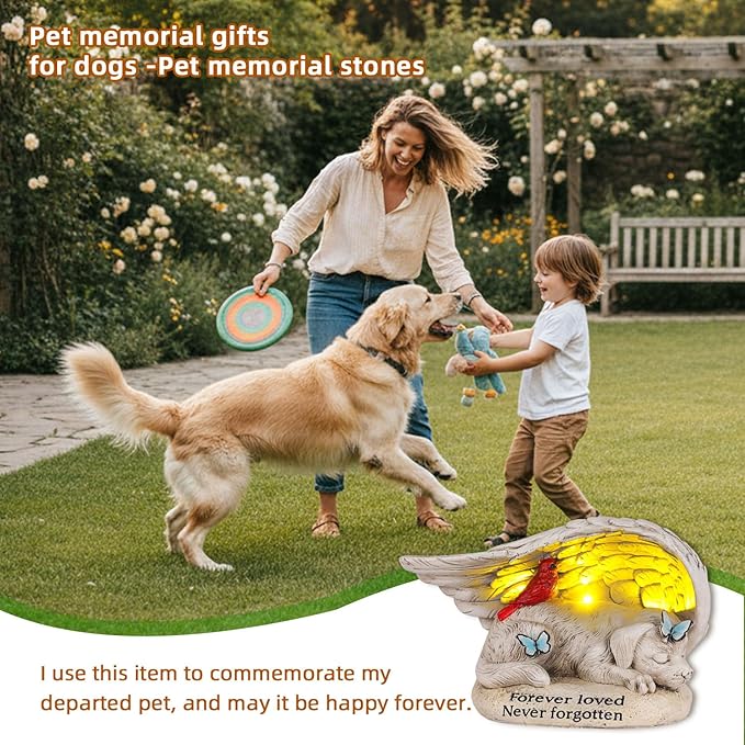 Dog Memorial Stone with Solar Lights Angel Wings Cardinal Butterfly 8 Inch, Pet Grave Markers Sleeping Statue Pet Loss Sympathy Gift Waterproof Resin for Outdoor Cemetery Garden Decor