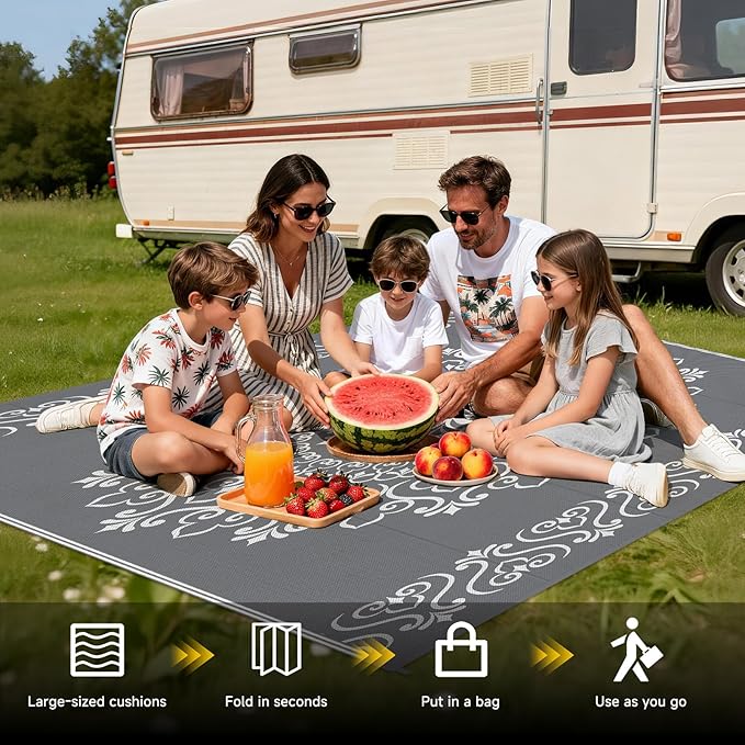 Pauwer Waterproof Outdoor Rug 6x9, Reversible Plastic Straw Patio Camping Rug, Indoor Outdoor RV Mat Carpet for Deck, Camper, Porch, Balcony, Backyard, Picnic, Floral Grey